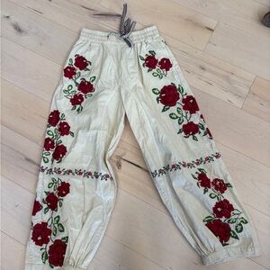 We The Free Cream Pants with Red Floral Embroidery barrel xs